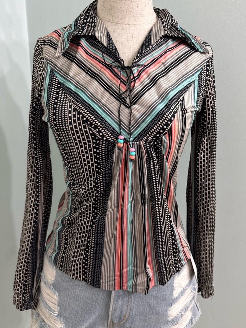Vintage 70s Striped Disco Button Up Blouse XS S